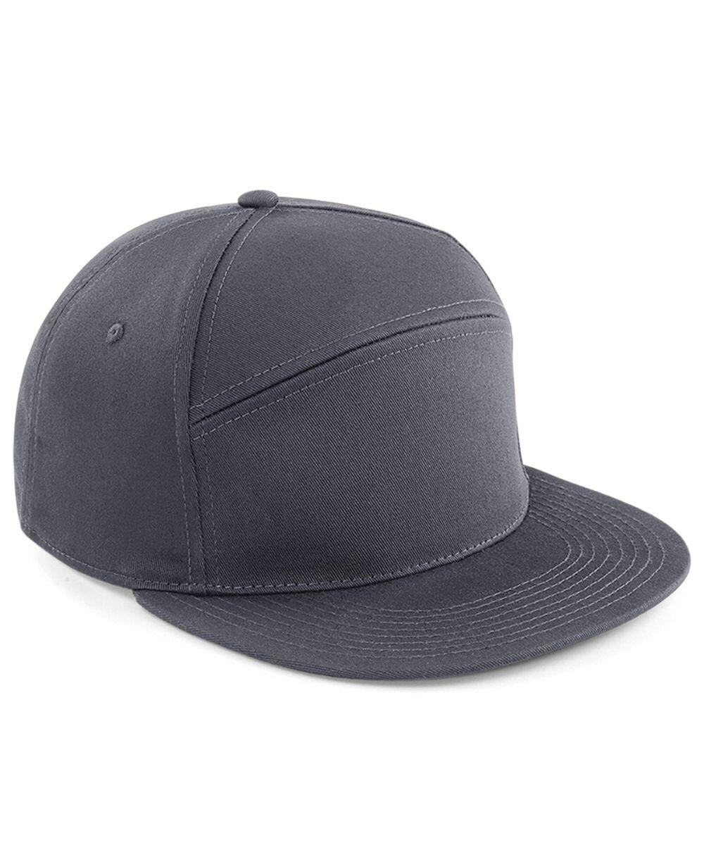 Beechfield's BC670 is a plain gray snapback cap with a flat brim and six panels, featuring visible stitching and ventilation eyelets.