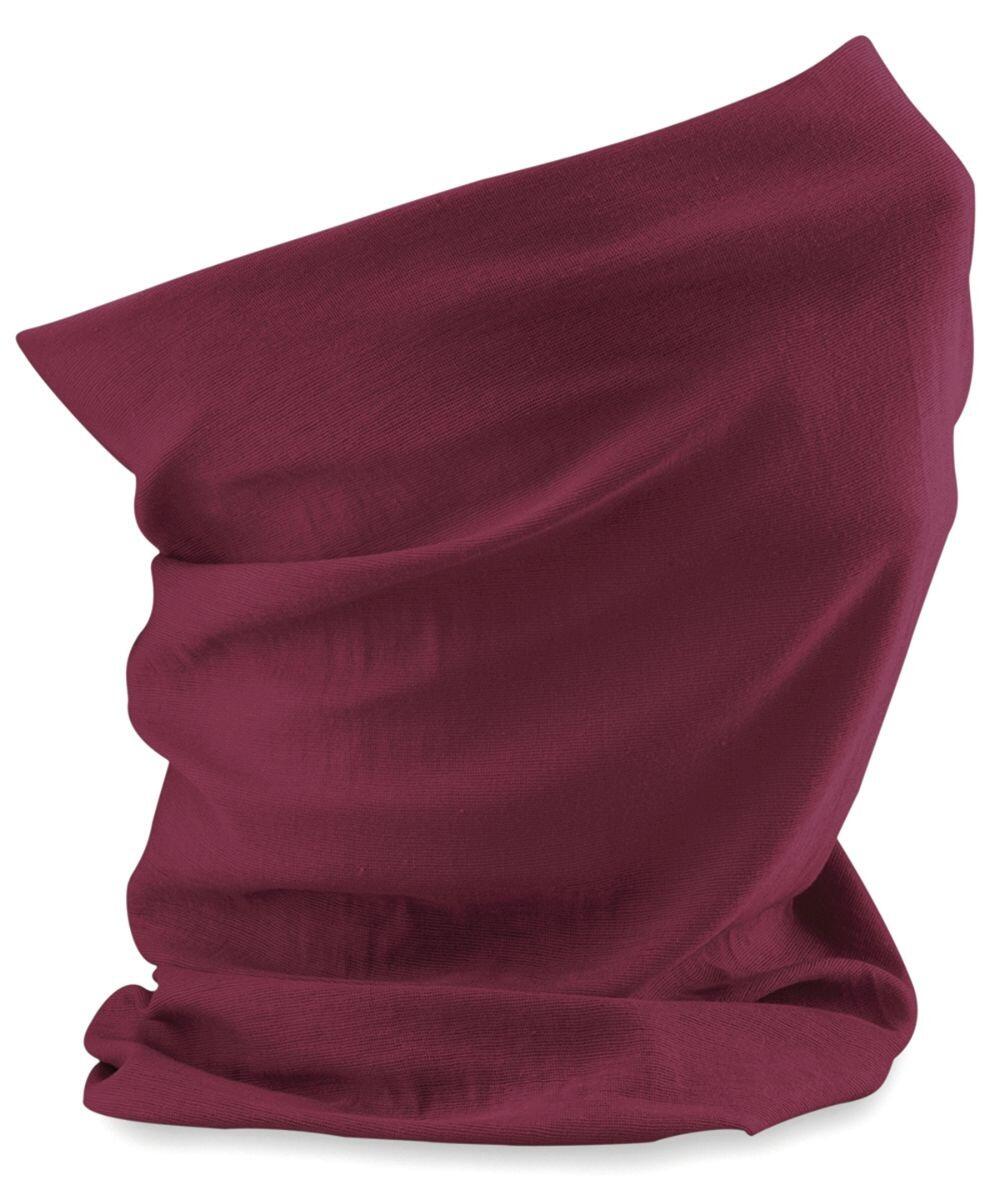 A close-up image of the Beechfield BC900 neck gaiter in burgundy, crafted from soft fabric. The gaiter is folded in several places, highlighting its flexibility and texture.