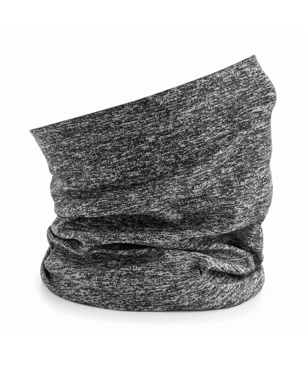Beechfield's BC901, a gray knitted neck warmer featuring a textured design, displayed standing upright.