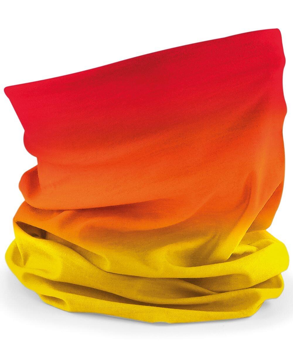 The BC905 fabric neck gaiter by Beechfield features a gradient design that transitions from bright red at the top to vivid yellow at the bottom, made from soft and stretchy material perfect for outdoor activities.