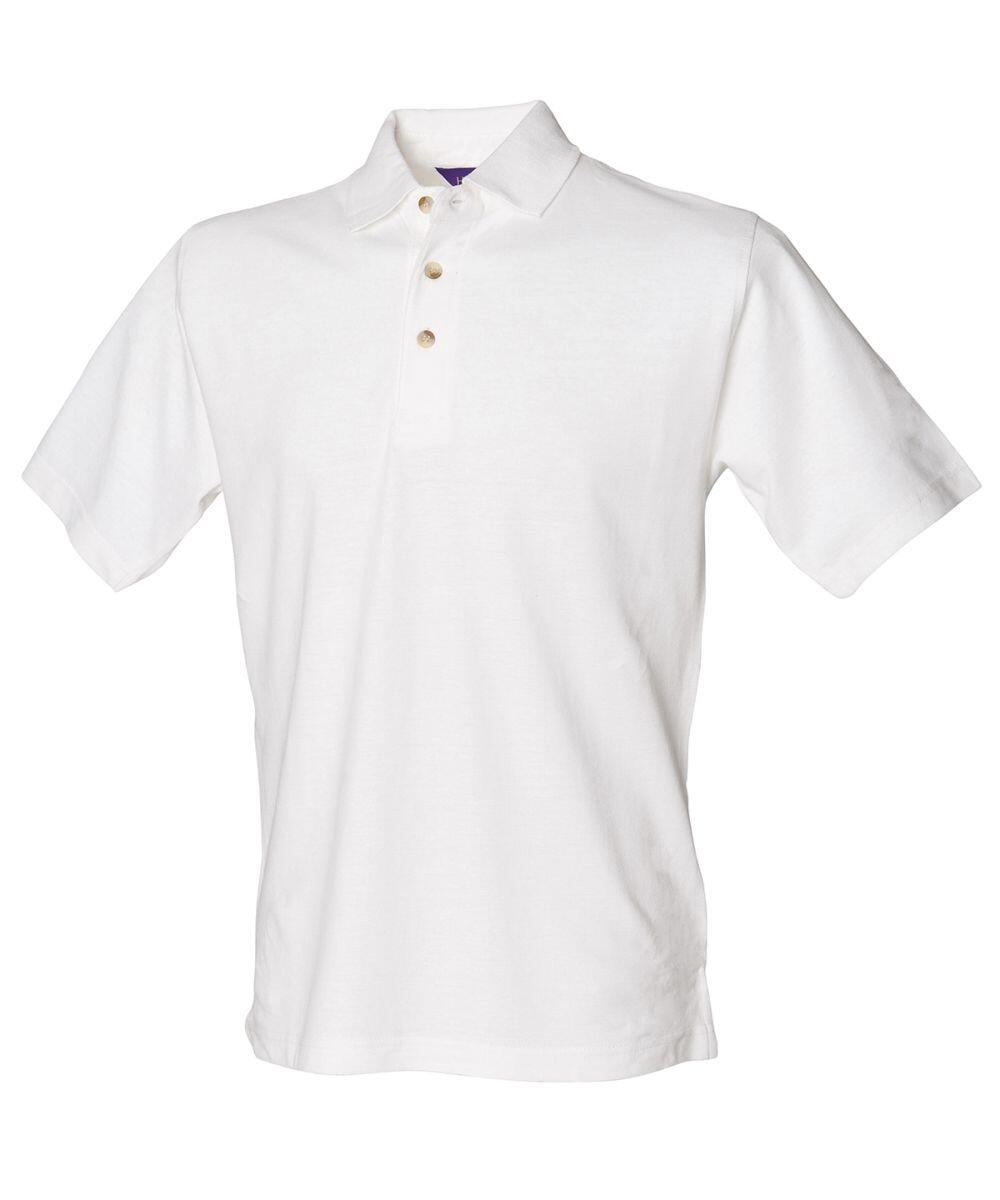 The HB100 by Henbury is a plain white short-sleeve polo shirt featuring a collar and three buttons on the placket.