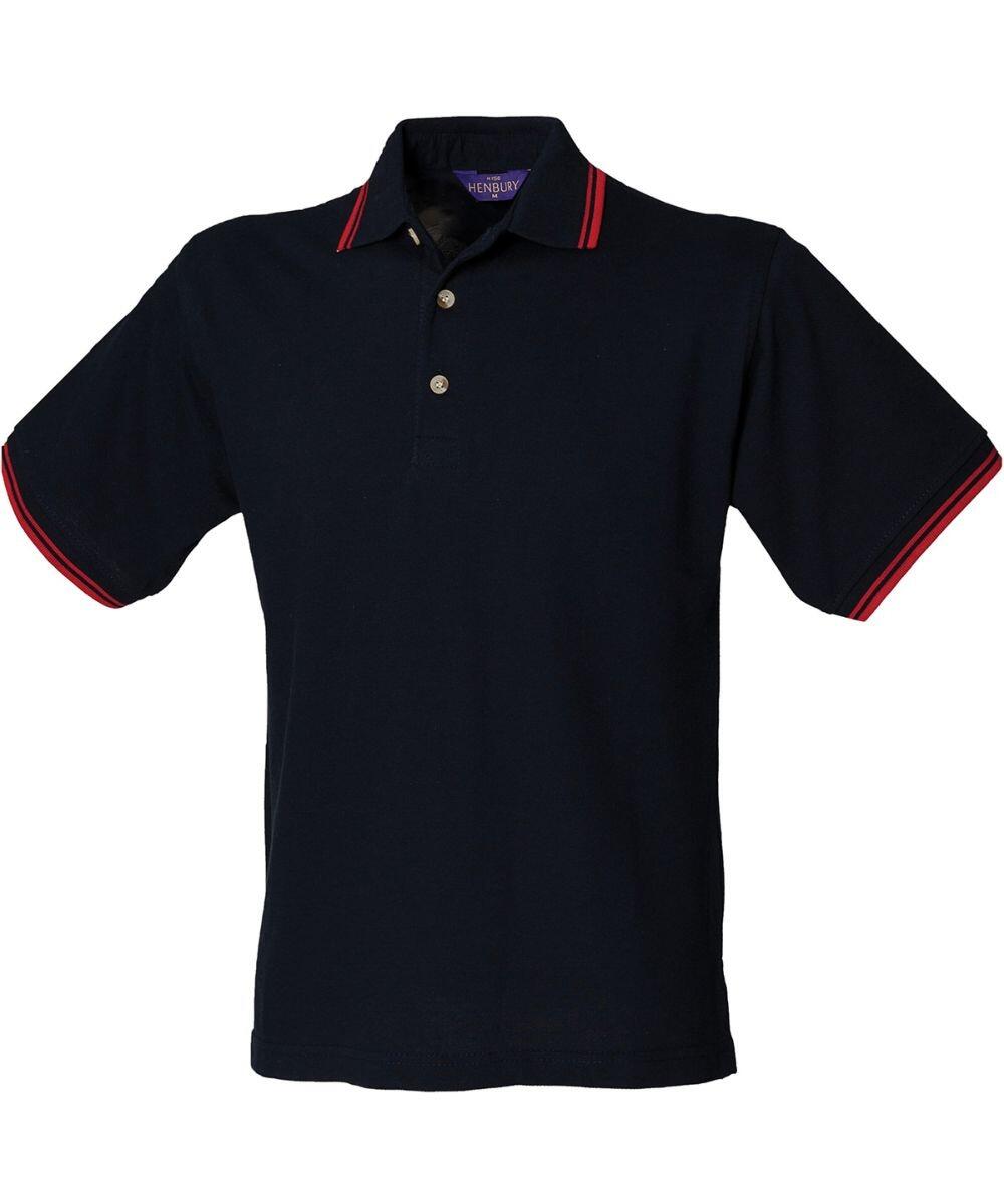 The HB150 by Henbury is a black polo shirt with red trim on the sleeves and collar, featuring three buttons at the neckline.