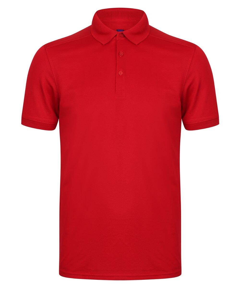 The Henbury HB460 is a bright red short-sleeve polo shirt with a collar. It includes a three-button placket at the front, showcasing a simple and classic design suitable for casual or semi-formal occasions.