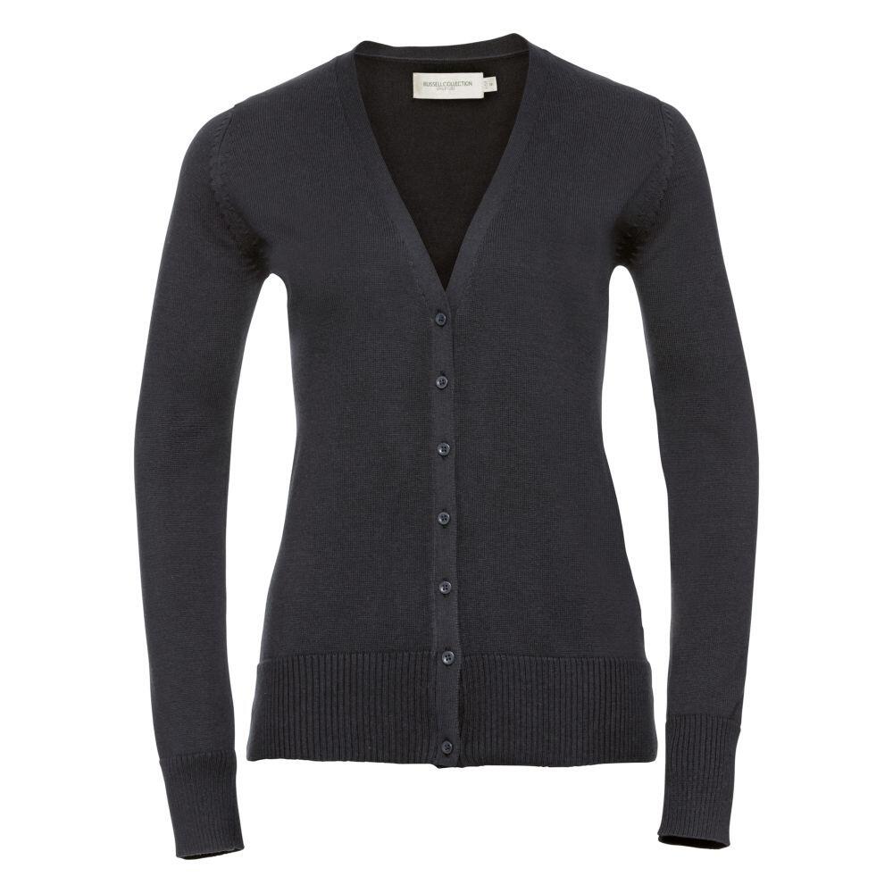 Russell Collection J715F black V-neck cardigan featuring long sleeves and a button closure.