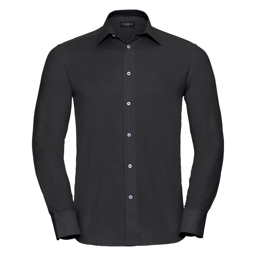 A J922M shirt by Russell Collection, featuring a black long-sleeve button-up design with a collar, displayed against a white background.
