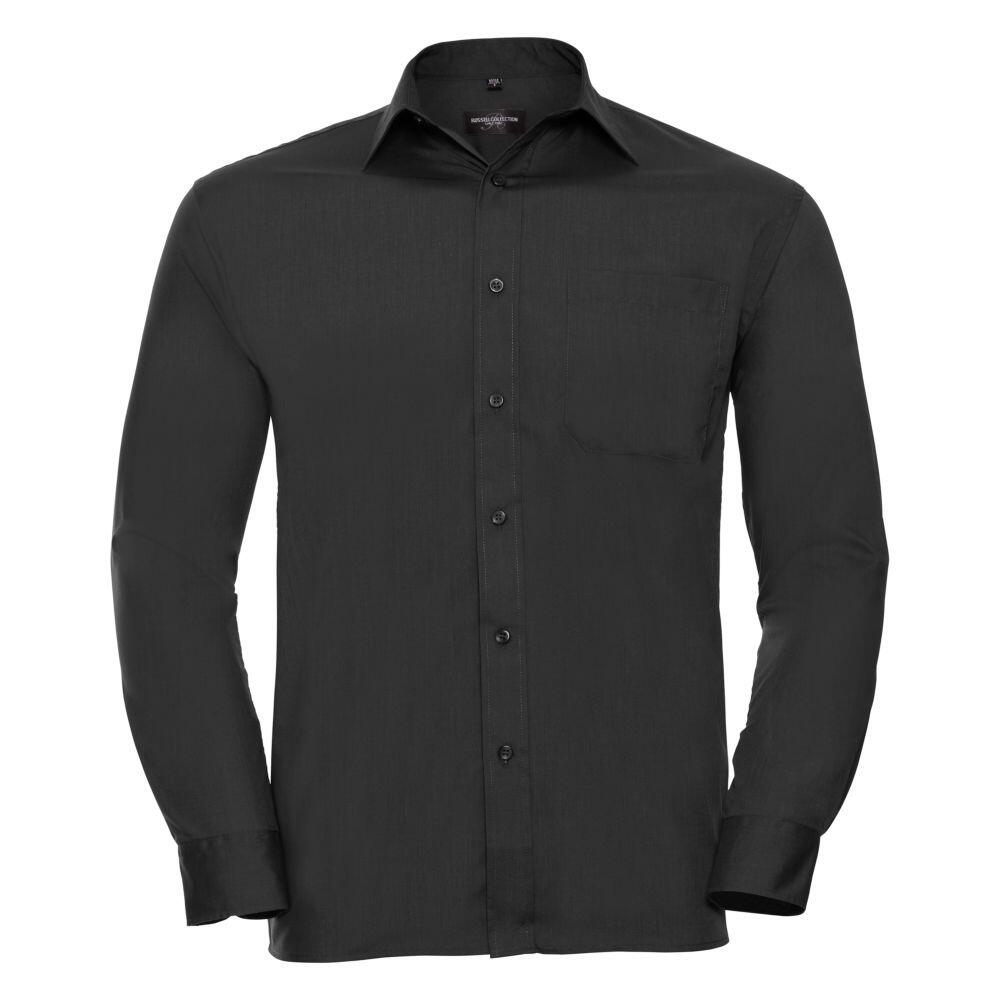 The Russell Collection J934M is a long-sleeve black button-up shirt featuring a collar and a chest pocket.