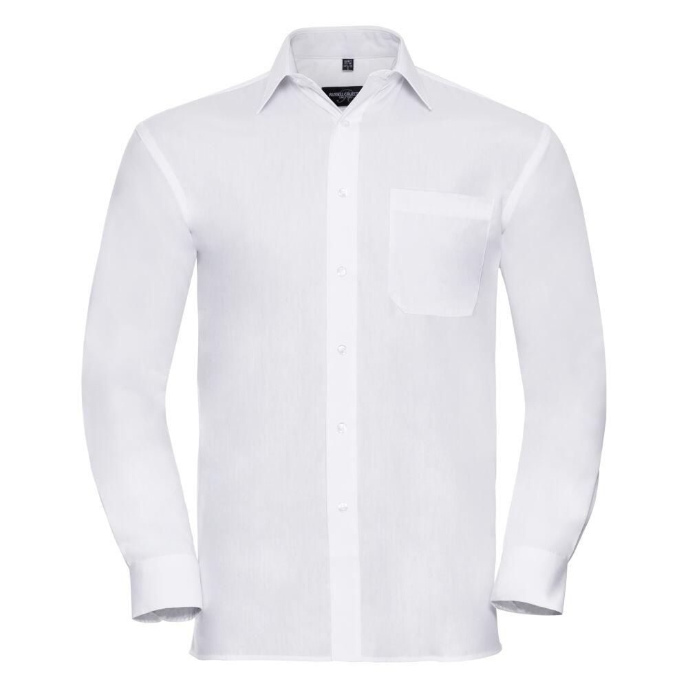 A long-sleeved, white dress shirt from the Russell Collection with a collar, button-down front, and chest pocket, known as product J936M.