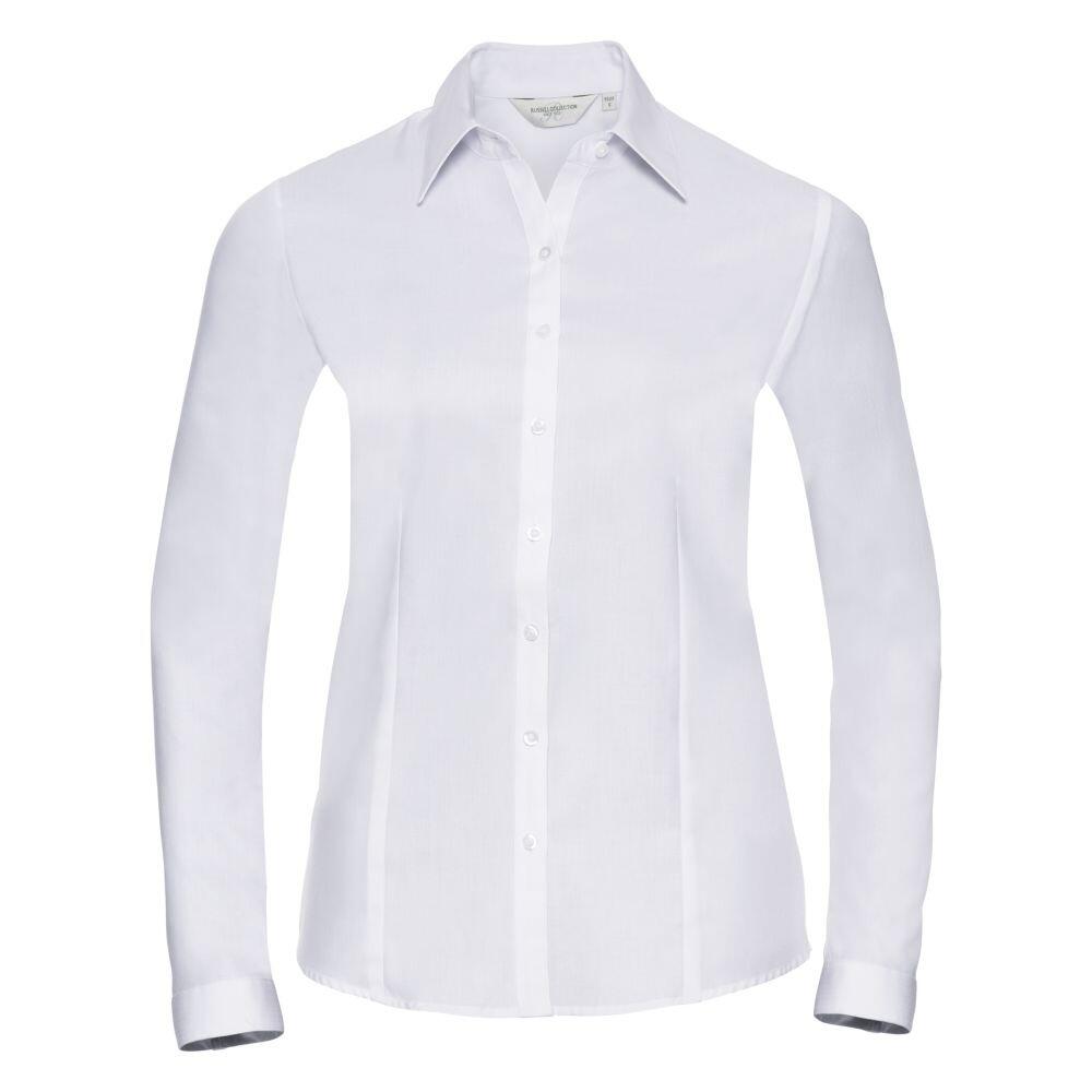 A white, long-sleeved J962F button-up shirt from the Russell Collection is presented against a white background.