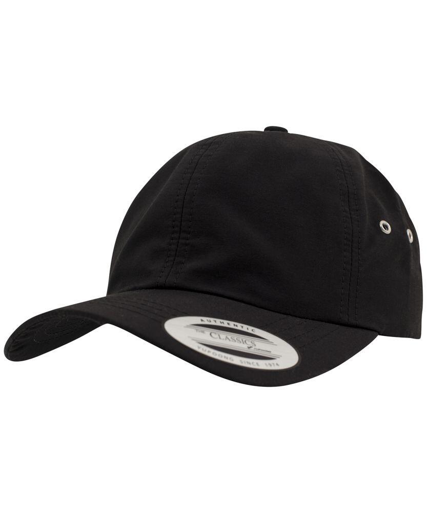 Flexfit By Yupoong's YP036 is a black baseball cap with a curved brim, metal side eyelets, and features a sticker on the brim.