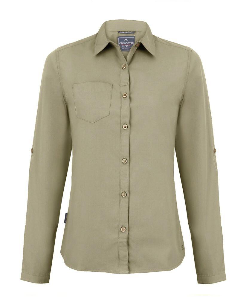 A light olive green button-up shirt, model CR541 by Craghoppers, featuring a single chest pocket and long sleeves. Displayed on a plain background, the shirt includes a classic collar and button cuffs.