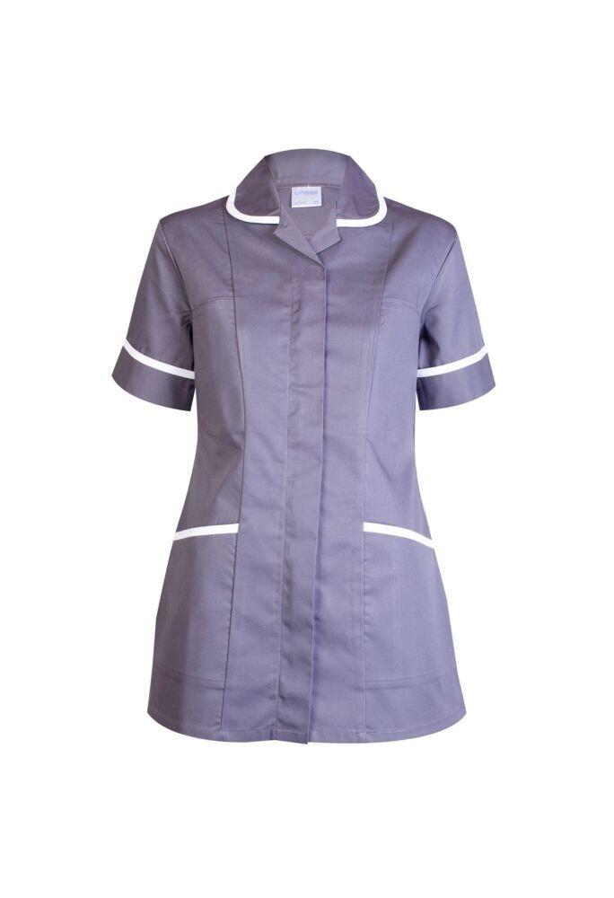 A Uneek short-sleeve ladies scrub tunic in convoy grey with white trim on collar, sleeves, and pockets, displayed on a white background.