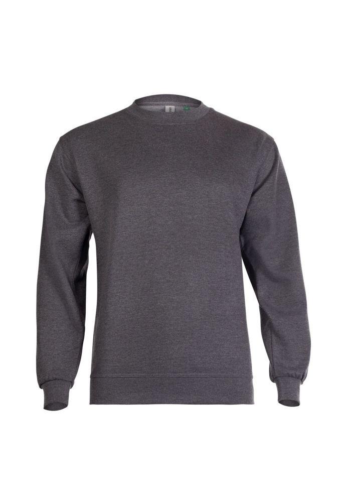 The Uneek Eco Sweatshirt is a plain, charcoal crewneck with long sleeves, displayed against a white background.