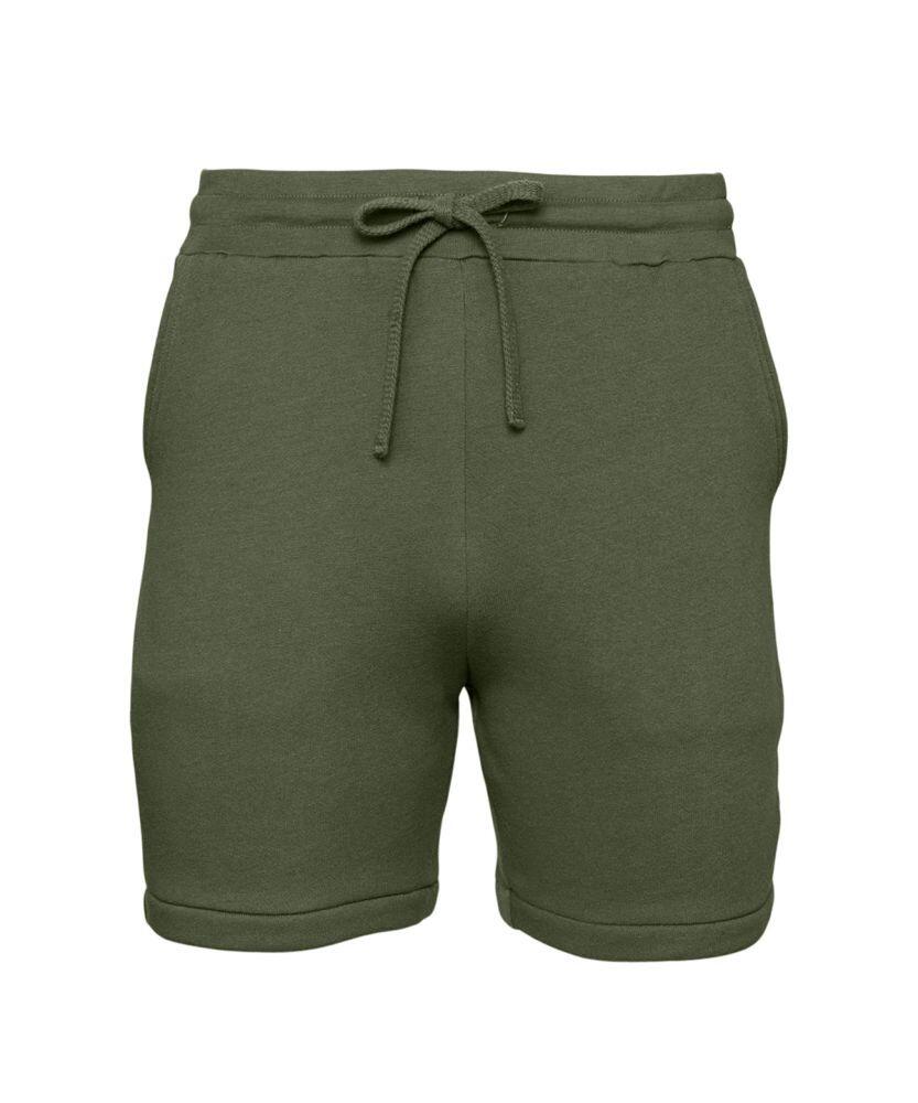Experience the comfort of the BE135 by Bella + Canvas, featuring green cotton shorts with a drawstring waistband and side pockets.