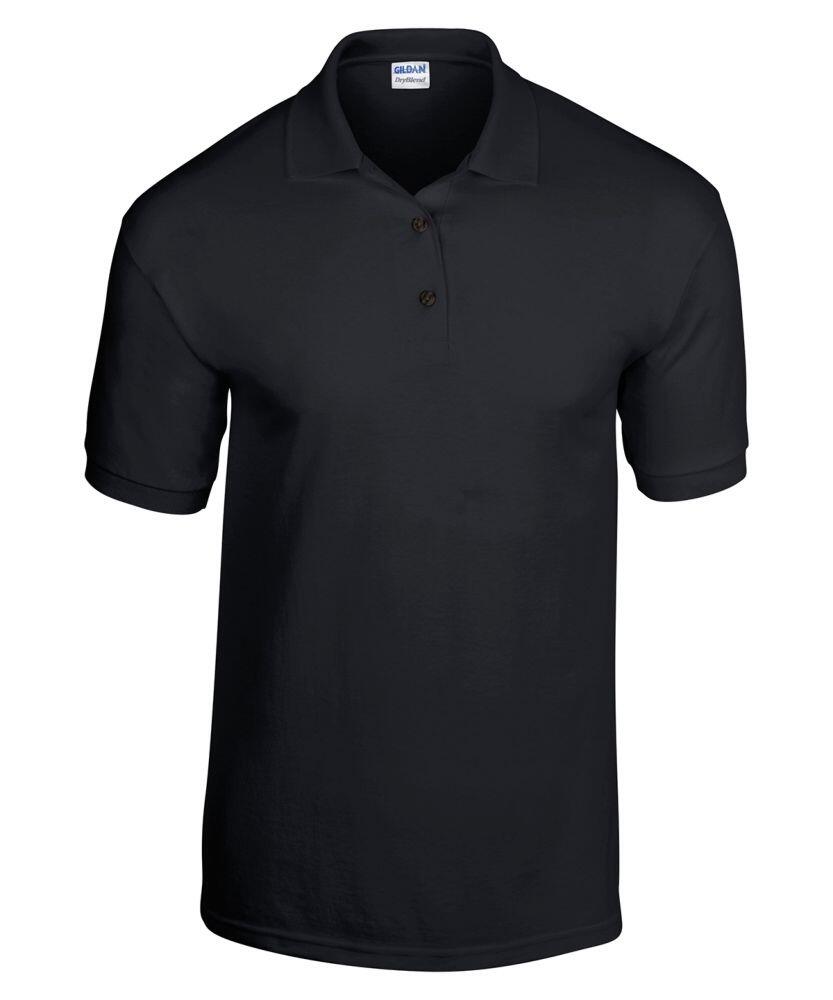 The Gildan GD40B is a plain black polo shirt featuring short sleeves and three buttons on the collar.
