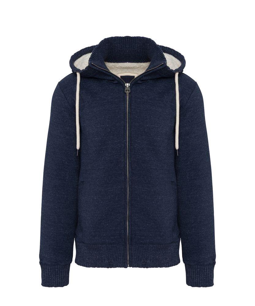 Kariban's K2312 is a navy blue zip-up hoodie featuring a hood, drawstrings, and ribbed cuffs and hem.