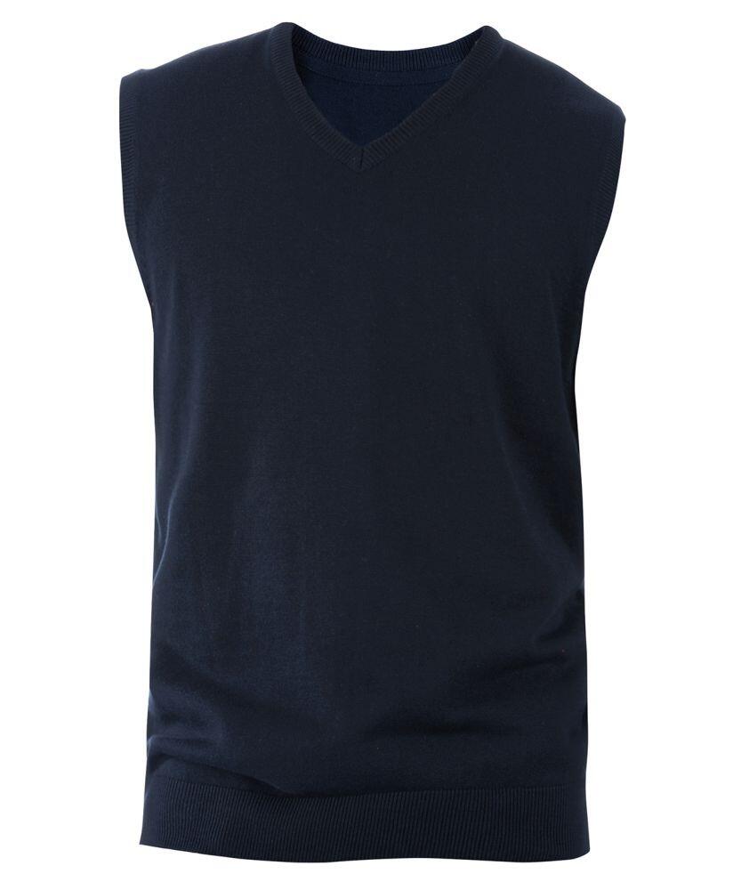 Kariban's KB969, a dark blue V-neck sleeveless sweater vest, is displayed against a plain white background.