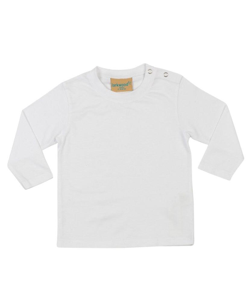 A plain white long-sleeve baby shirt from Larkwood, featuring two snap buttons on the shoulder, product name LW21T.