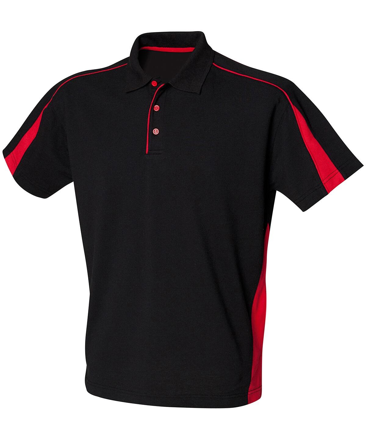 The Finden & Hales LV390 is a black polo shirt accented with red on the sides and shoulders, featuring a three-button placket.