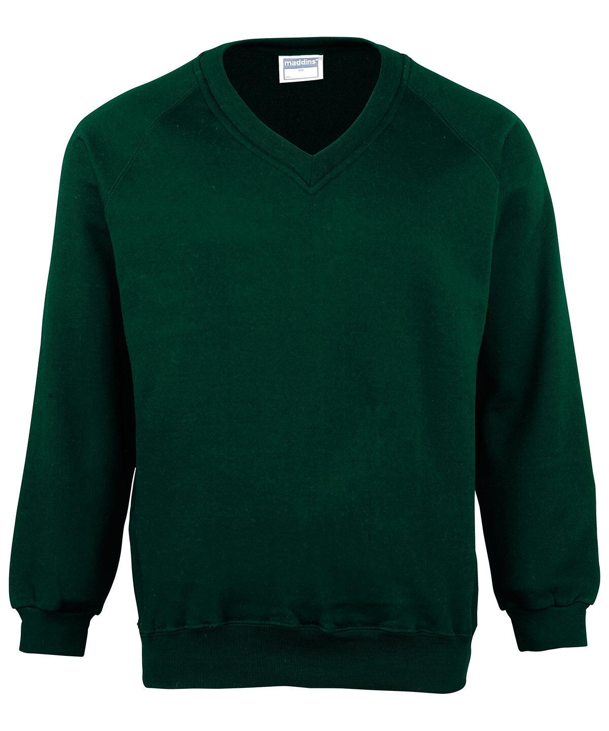 Introducing the Maddins MD02M, a dark green V-neck sweatshirt featuring long sleeves and elastic cuffs.