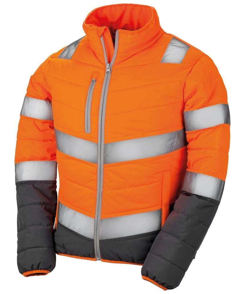 The R325F by Result Safeguard is a vivid orange and gray reflective safety jacket featuring a zip front and high-visibility stripes.