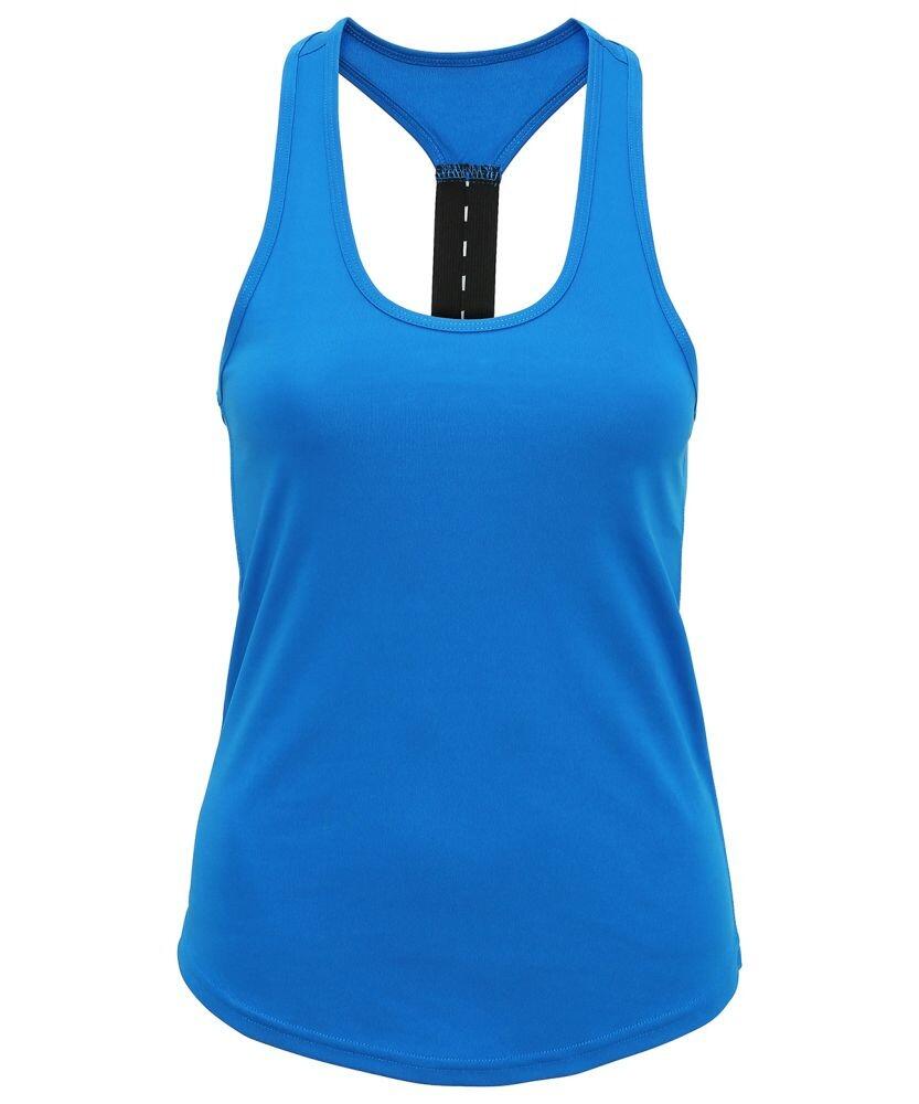 A blue racerback tank top featuring black strap details on the back, identified as TR027 from Tri-Dri.
