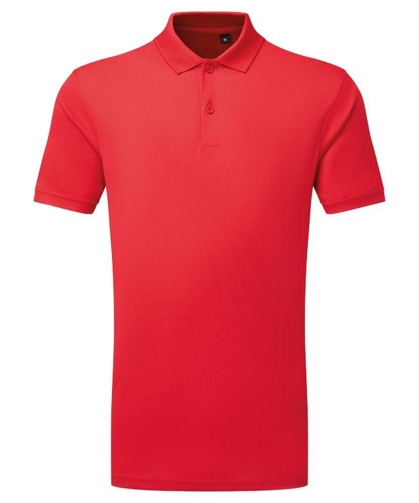 A Tri-Dri TR505 red polo shirt featuring short sleeves and a three-button collar.