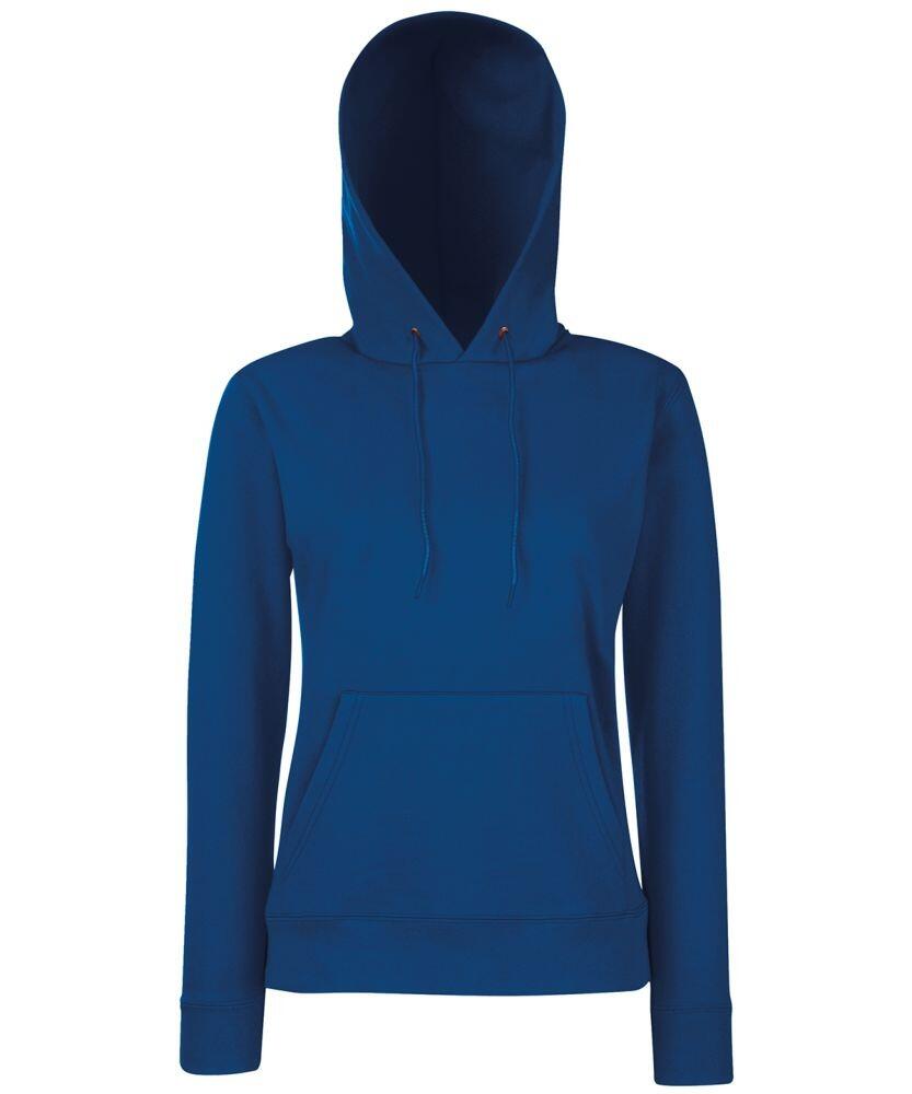 A plain blue hoodie from Fruit of the Loom, with a front pocket and drawstrings. The hood is up, and the material appears soft and comfortable. The product is identified as SS038.