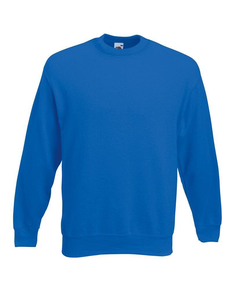 A plain blue Fruit of the Loom sweatshirt, model SS800, with a round neckline and long sleeves, displayed against a white background.