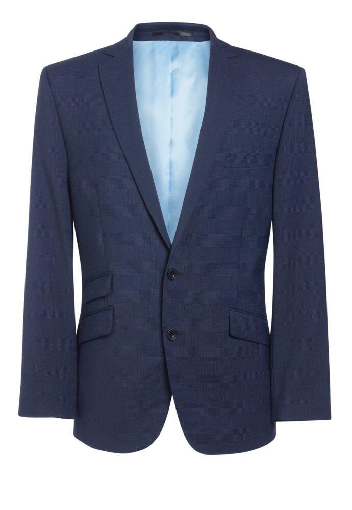The Brook Taverner Cassino Jacket is a navy blue blazer with a light blue lining, featuring two buttons and flap pockets.