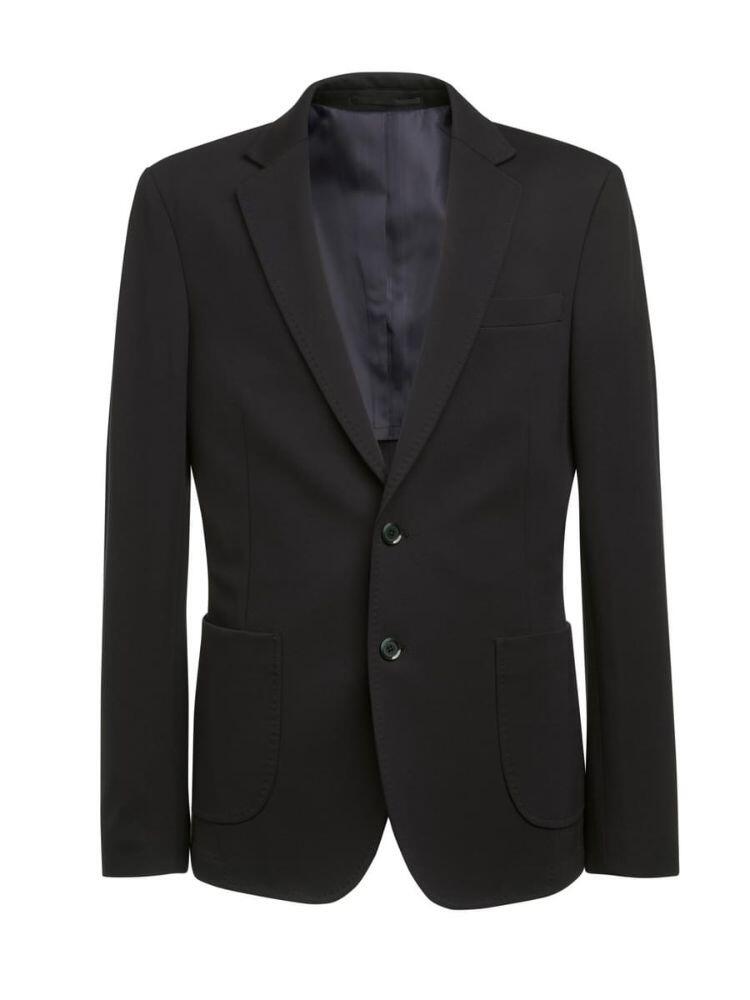 A black Rory Jacket by Brook Taverner featuring two buttons and front pockets, displayed on a white background.