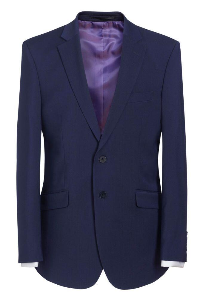 The Avalino Jacket by Brook Taverner is a navy blue suit jacket with a purple lining, showcasing two buttons and two front pockets.