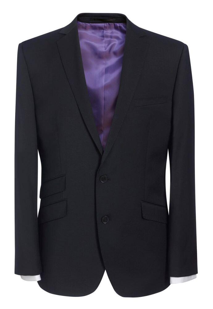 Introducing the Cassino Jacket by Brook Taverner: a black suit jacket adorned with a purple lining, designed with notch lapels, two buttons, and multiple pockets.