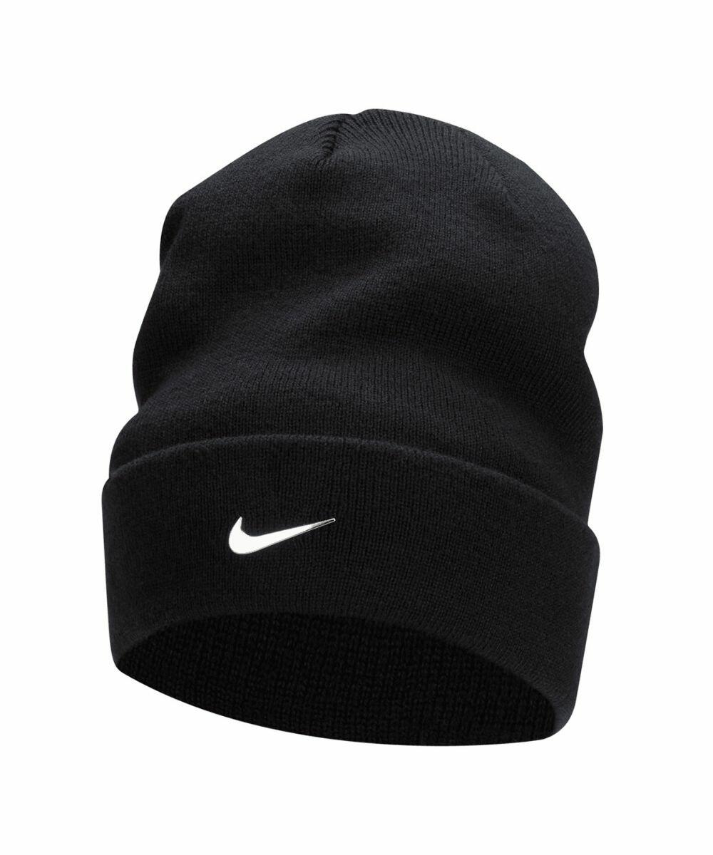 Black beanie with a white Nike swoosh logo on the front, NK392 by Nike.