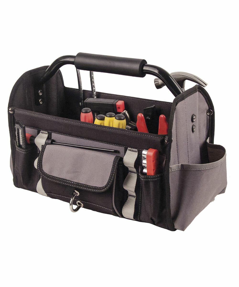 A Portwest PW451 black and gray open-top tool bag with various tools, including pliers, screwdrivers, and a tape measure, organized in compartments. The bag has side pockets and a padded handle.