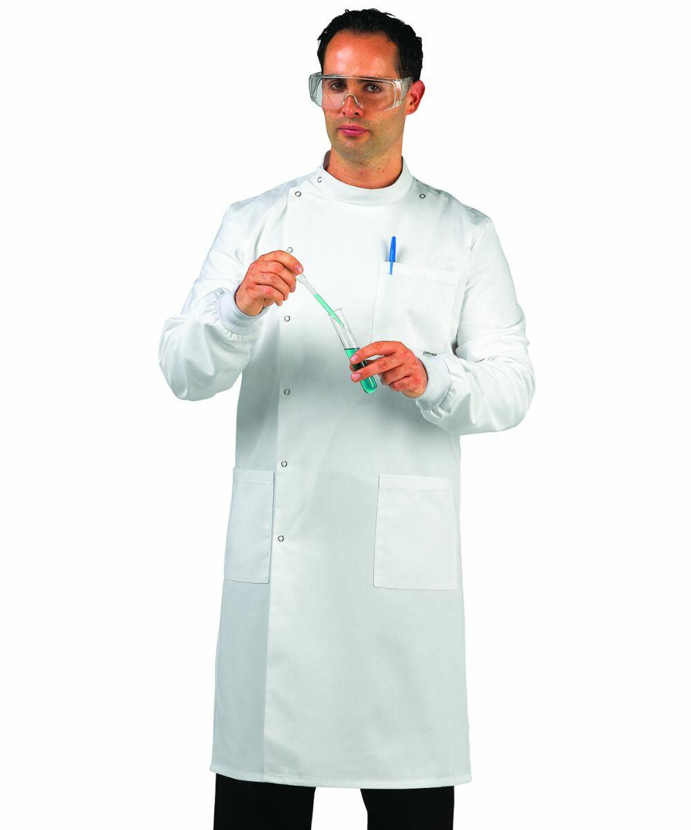 A man in a white lab coat and safety glasses holds a test tube while standing, with a Portwest PW185 in his chest pocket.