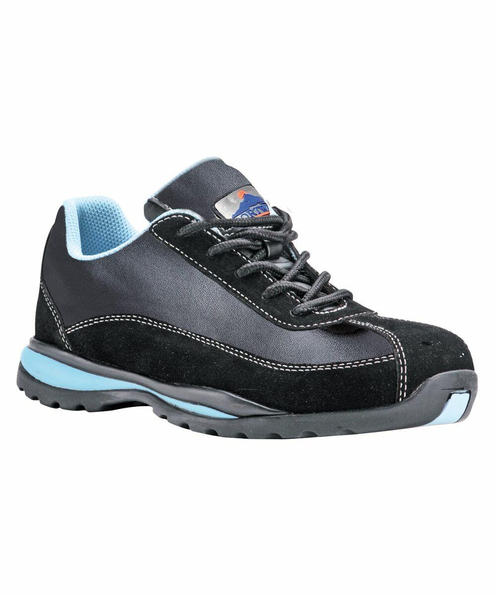 A black lace-up safety shoe with a textured sole, blue accents, and visible stitching, the PW310 by Portwest.