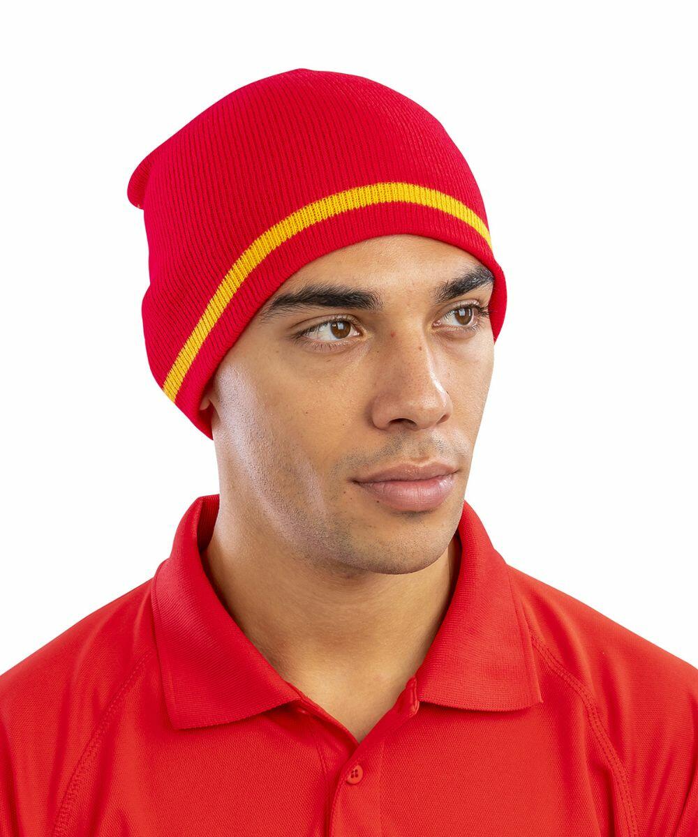 A person wearing a Result R368X with a yellow stripe and a red collared shirt.