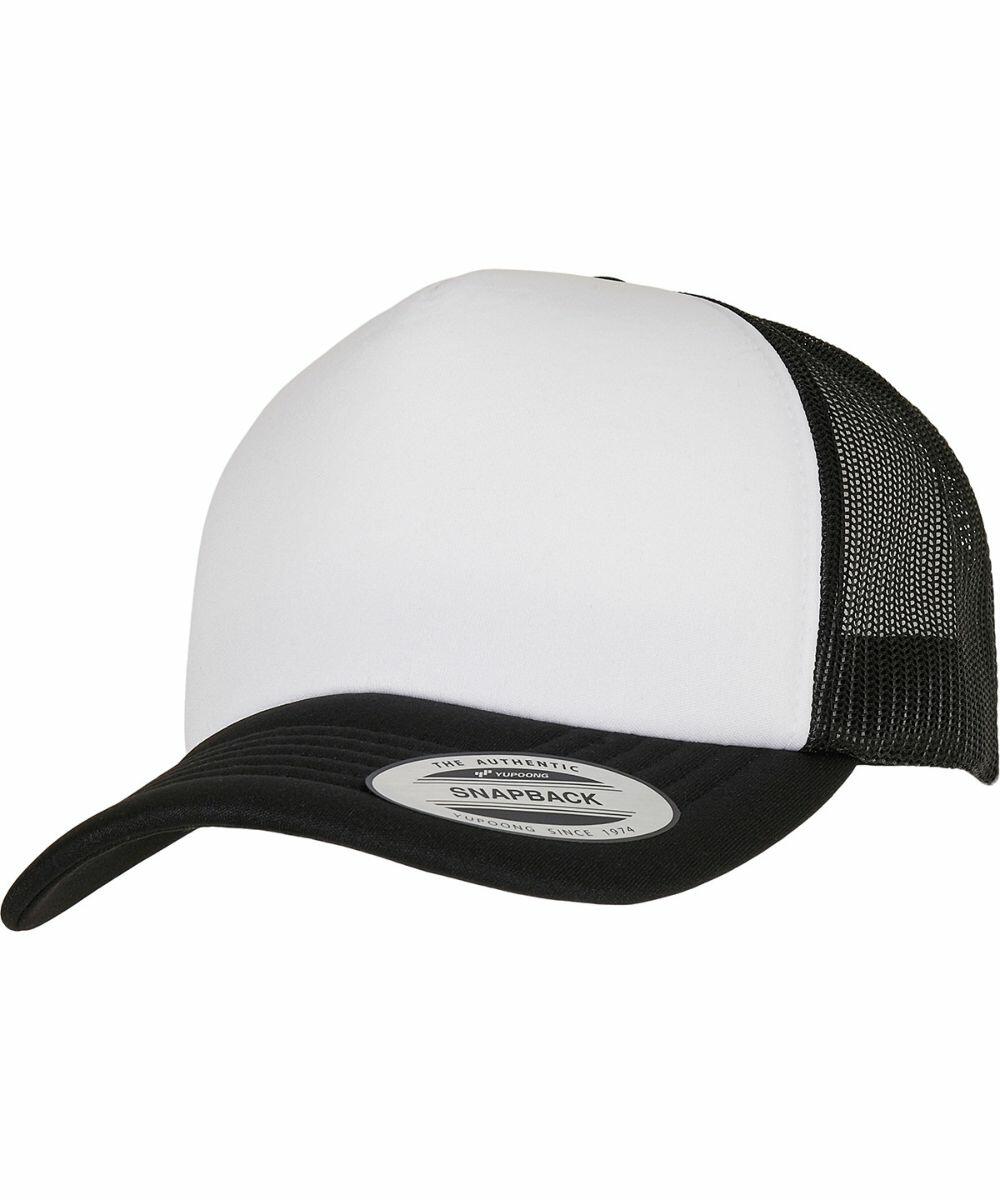 A black and white YP227 snapback trucker hat with a mesh back and a sticker labeled "Flexfit By Yupoong" on the brim.