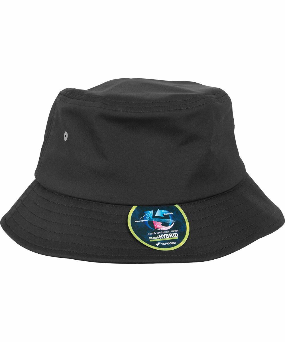 A black bucket hat with a circular sticker on the front displaying the words "YP071" and "Flexfit By Yupoong.