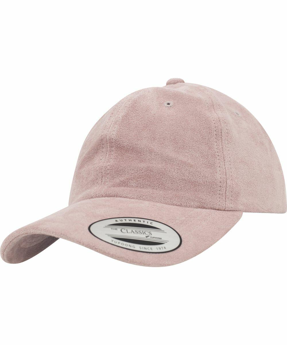 A light pink baseball cap with a curved brim and a label on the front reading "YP102 by Flexfit By Yupoong.