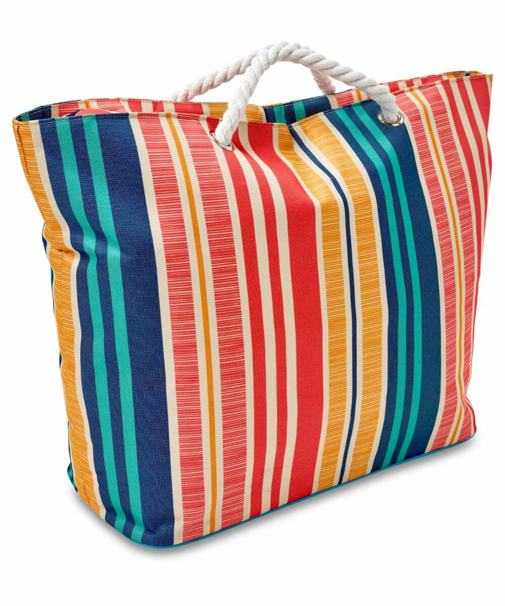 A large, colorful HL205 tote bag with vertical stripes in shades of red, blue, green, and yellow, featuring white rope handles from Home & Living.