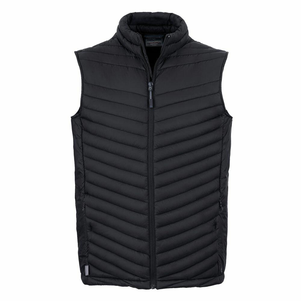 The CR311 by Craghoppers is a quilted, sleeveless vest in black featuring a front zipper, showcased against a white background.