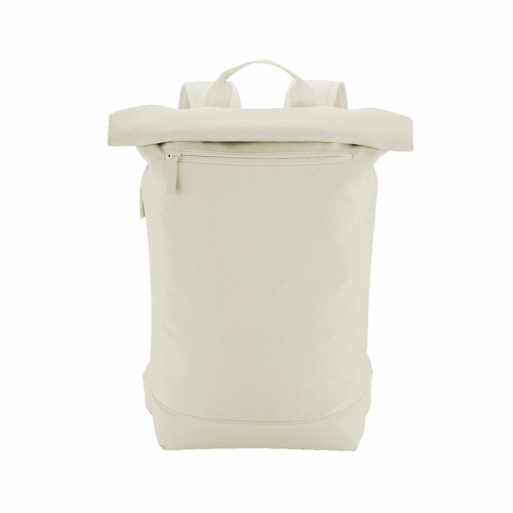 A plain, light beige Bagbase BG871 backpack featuring a roll-top design and a front zippered pocket.