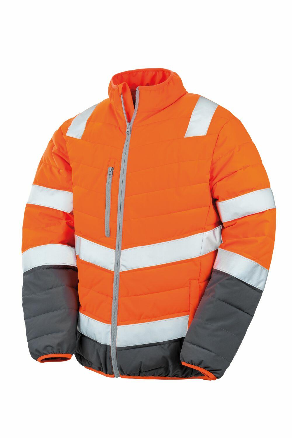 Result Safeguard's R325M is a bright orange insulated jacket featuring reflective white stripes and gray sleeves.