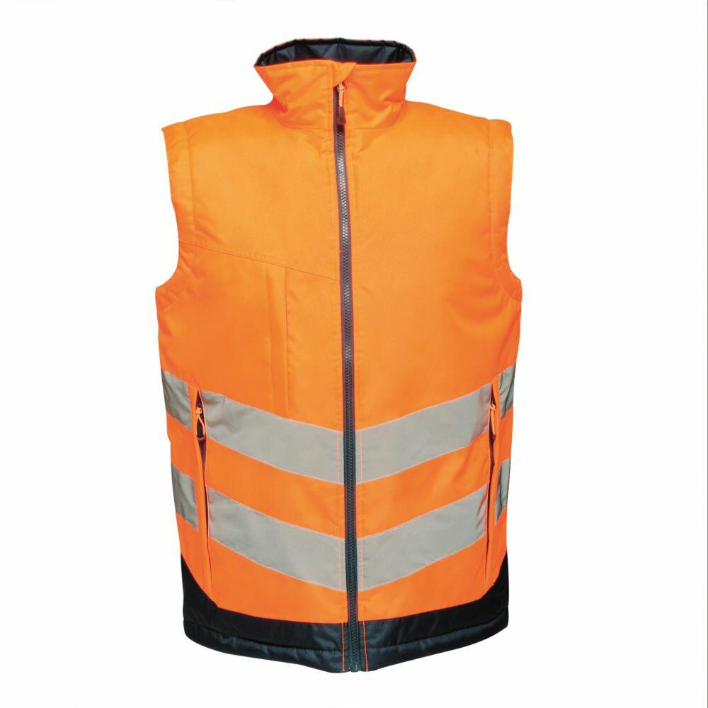 Regatta High Visibility RG383 vest in high-visibility orange, featuring reflective silver stripes and a black bottom edge.