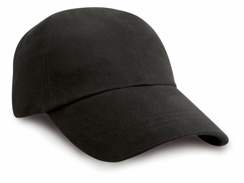 The RC24X baseball cap by Result Headwear features a plain black design with a curved brim, set against a white background.
