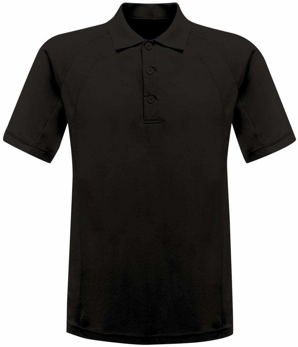RG524 by Regatta Standout is a black polo shirt featuring short sleeves and a three-button placket.