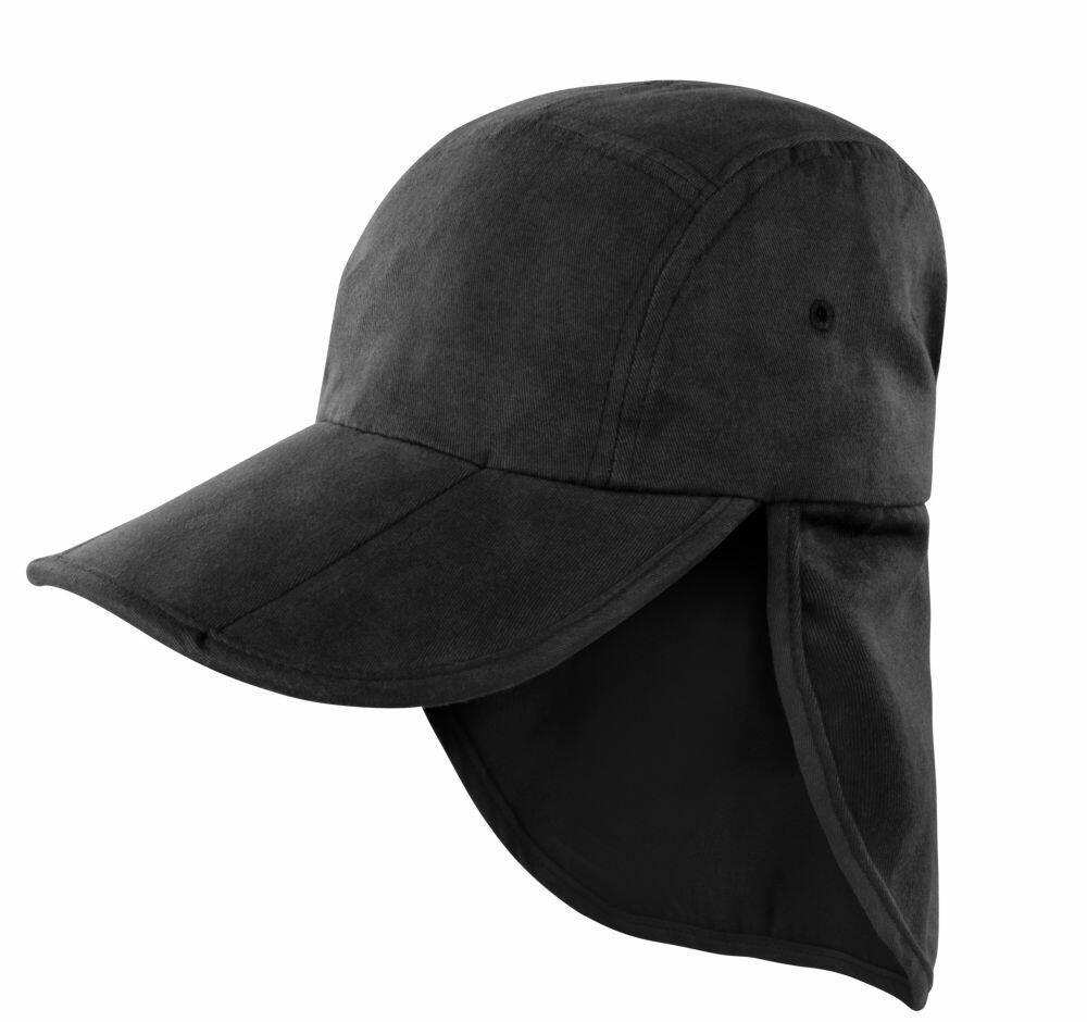 The RC76X by Result Headwear is a sun hat in black, featuring a long neck flap and a curved brim.