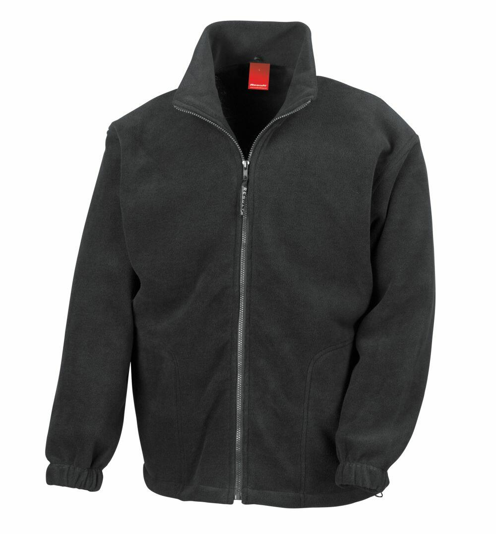 The Result RE36A is a dark green zip-up fleece jacket featuring a high collar, front pockets, and elastic cuffs, displayed against a plain white background.