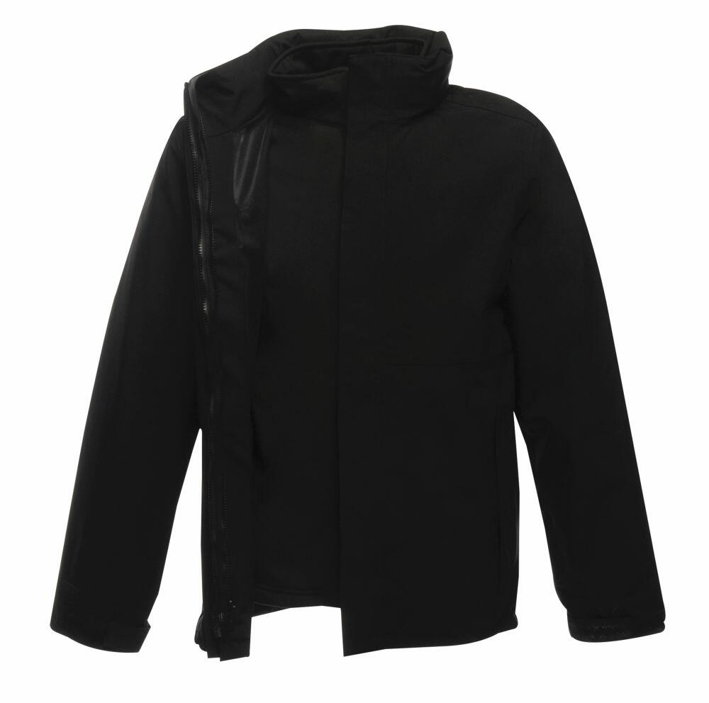 Displaying the RG191 by Regatta Professional, a black jacket with a hood, front zipper, and long sleeves on a hanger.
